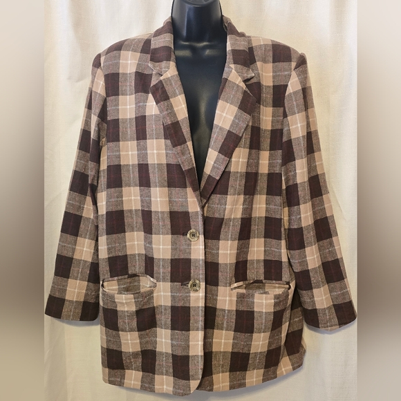 Sag Harbor Jackets & Blazers - Linen Blend Plaid Women's Sag Harbor Blazer Jacket Fall Office Size 16